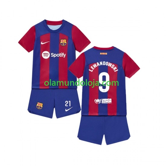 Camisola FC Barcelona Robert Lewandowski 9 Criança Equipamento Primeiro 2023-2024 Manga Curta